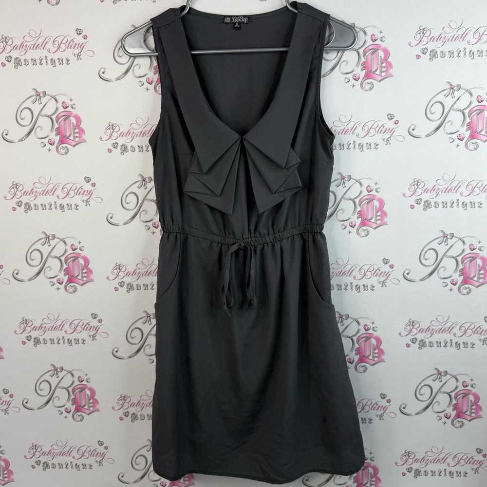 BeBop dress, ruffles tie up waist pockets, Dark Gray Sleeveless Mini Dress
